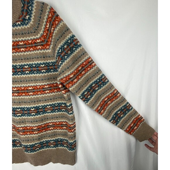 J.CREW Sweater Mens Medium Tan Orange Blue Fair Isle Stripe 100% Lambswool Soft - Picture 4 of 11